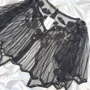 Central Chic Black Sequin Mesh Shrug Capelet Art Deco Evening Wrap NWT